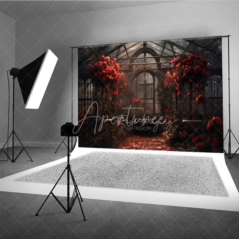 Aperturee - Aperturee Romantic Greenhouse Valentine Day Backdrop Red Roses Glass House Garden Background Wedding Photography Studio Prop