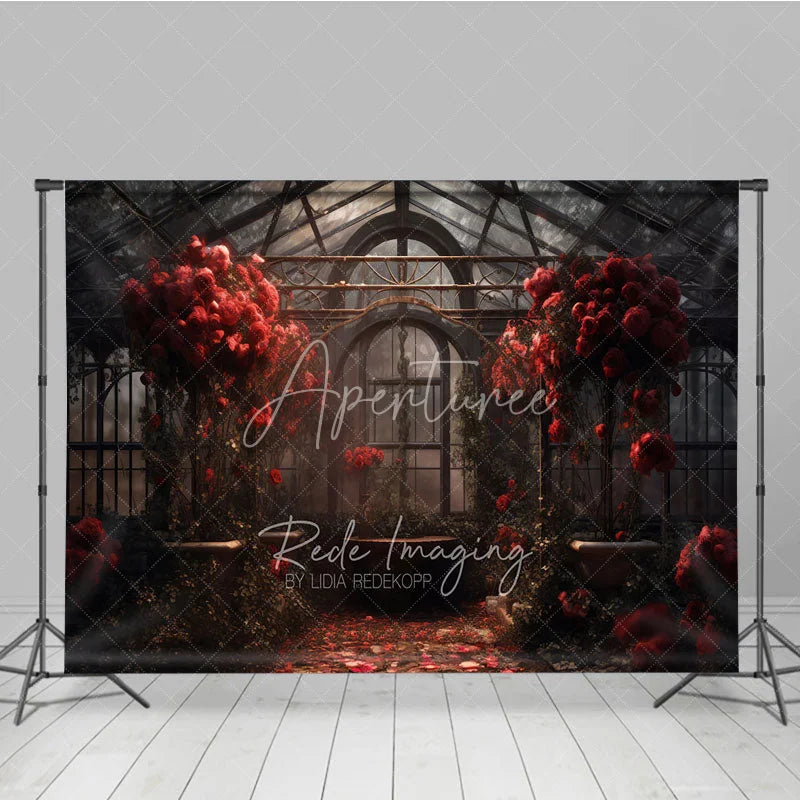 Aperturee - Aperturee Romantic Greenhouse Valentine Day Backdrop Red Roses Glass House Garden Background Wedding Photography Studio Prop
