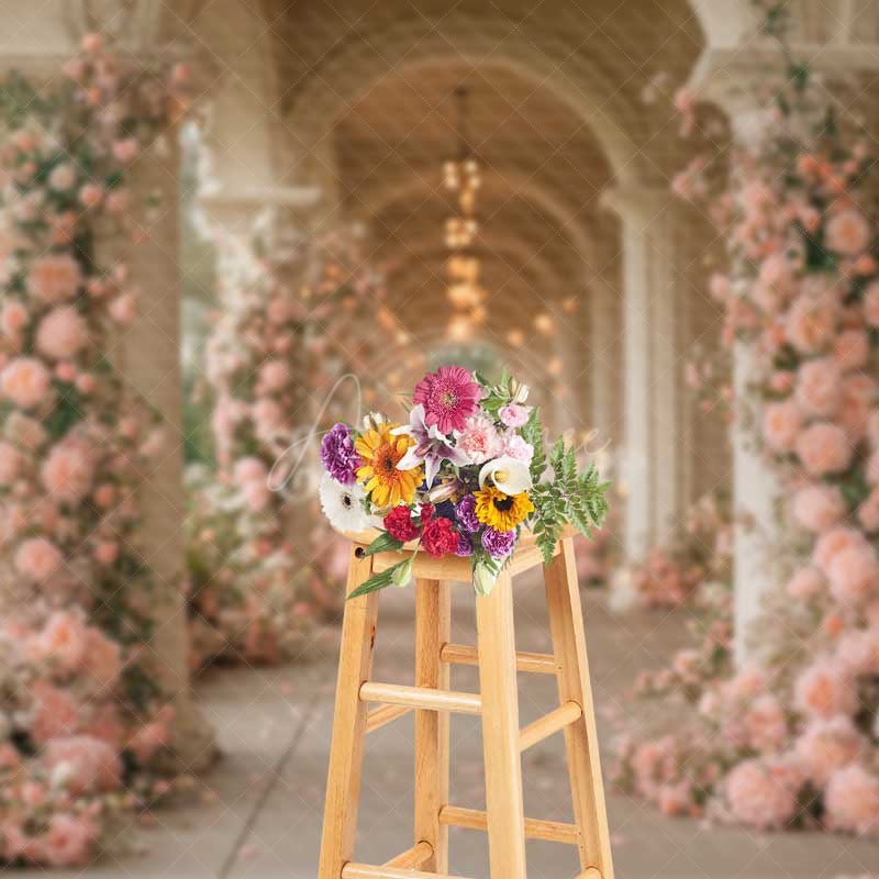 Aperturee Aperturee Romantic Hallway Photography Backdrop Pink Floral Columns at a Palace Elegant Wedding Aisle or Reception Decor