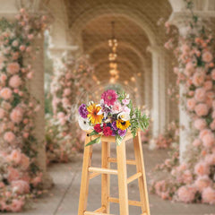 Aperturee Aperturee Romantic Hallway Photography Backdrop Pink Floral Columns at a Palace Elegant Wedding Aisle or Reception Decor