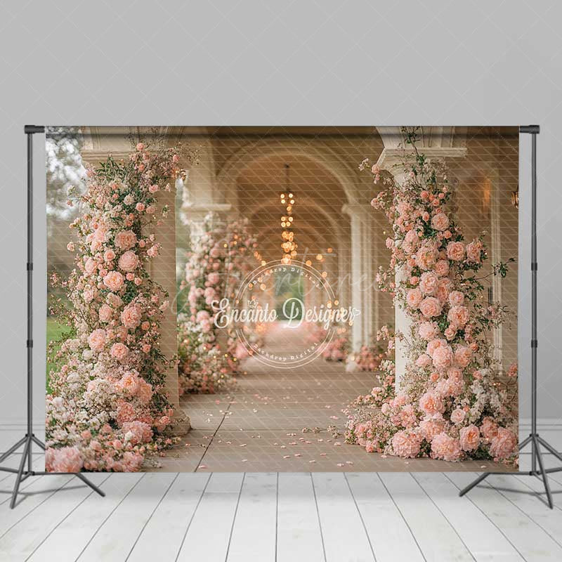 Aperturee Aperturee Romantic Hallway Photography Backdrop Pink Floral Columns at a Palace Elegant Wedding Aisle or Reception Decor