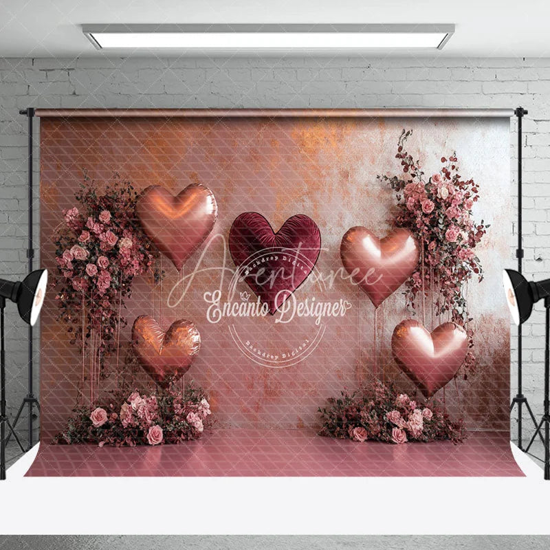 Aperturee - Aperturee Romantic Love Combo Set Backdrop Rose Gold Heart Balloons Floral Wall Photography Background Wedding Anniversary Prop