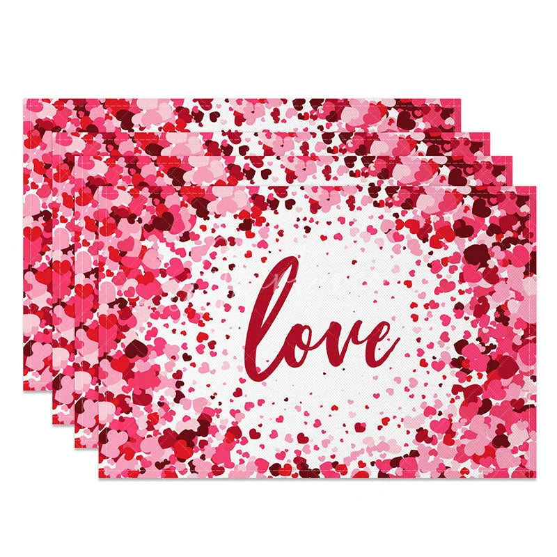 Aperturee - Aperturee Romantic Love Confetti Set of 4 Placemats Pink and Red Hearts Dining Table Mats for Valentines Day Decor