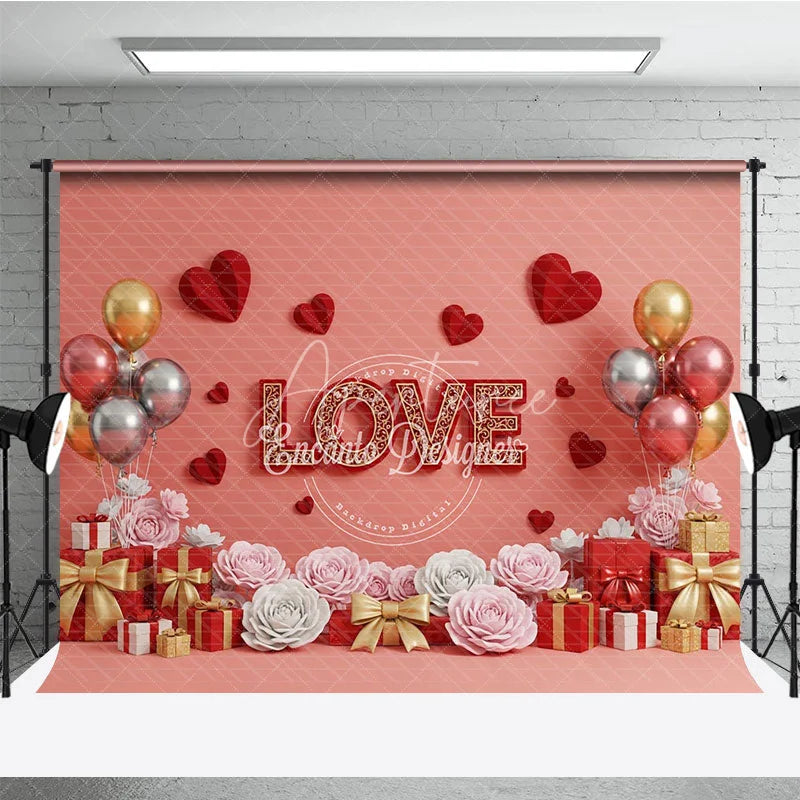 Aperturee - Aperturee Romantic Love Gift Box Backdrop Red 3D Text Balloons Paper Hearts Background Valentine Day Photography Decoration