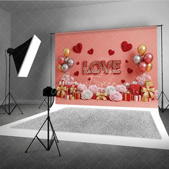 Aperturee - Aperturee Romantic Love Gift Box Backdrop Red 3D Text Balloons Paper Hearts Background Valentine Day Photography Decoration