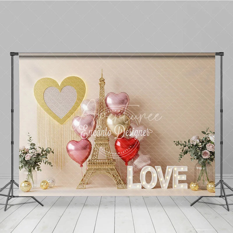 Aperturee - Aperturee Romantic Paris Eiffel Tower Valentine Day Backdrop Love Letters Gold Heart Balloons Background Wedding Photography