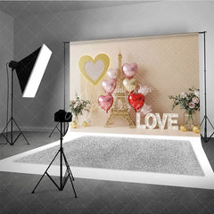 Aperturee - Aperturee Romantic Paris Eiffel Tower Valentine Day Backdrop Love Letters Gold Heart Balloons Background Wedding Photography