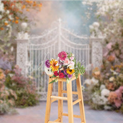 Aperturee - Aperturee Romantic Pastel Floral Enchanted Garden Gate Photography Backdrop Whimsical Archway for Wedding Fairy Tale Party