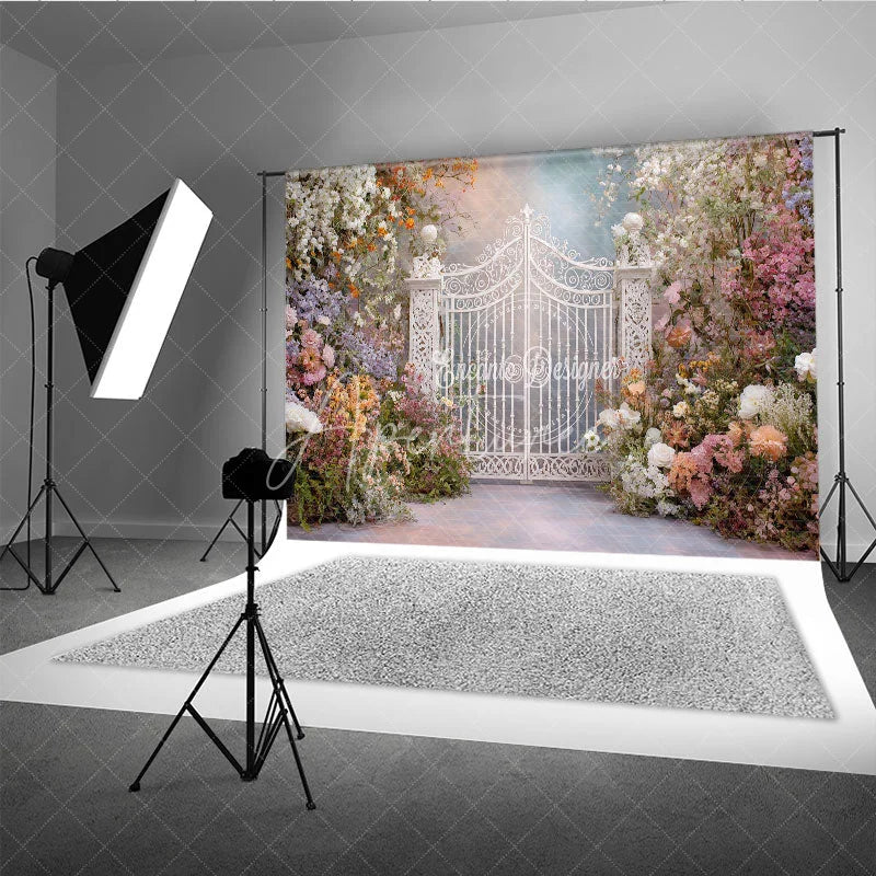 Aperturee - Aperturee Romantic Pastel Floral Enchanted Garden Gate Photography Backdrop Whimsical Archway for Wedding Fairy Tale Party