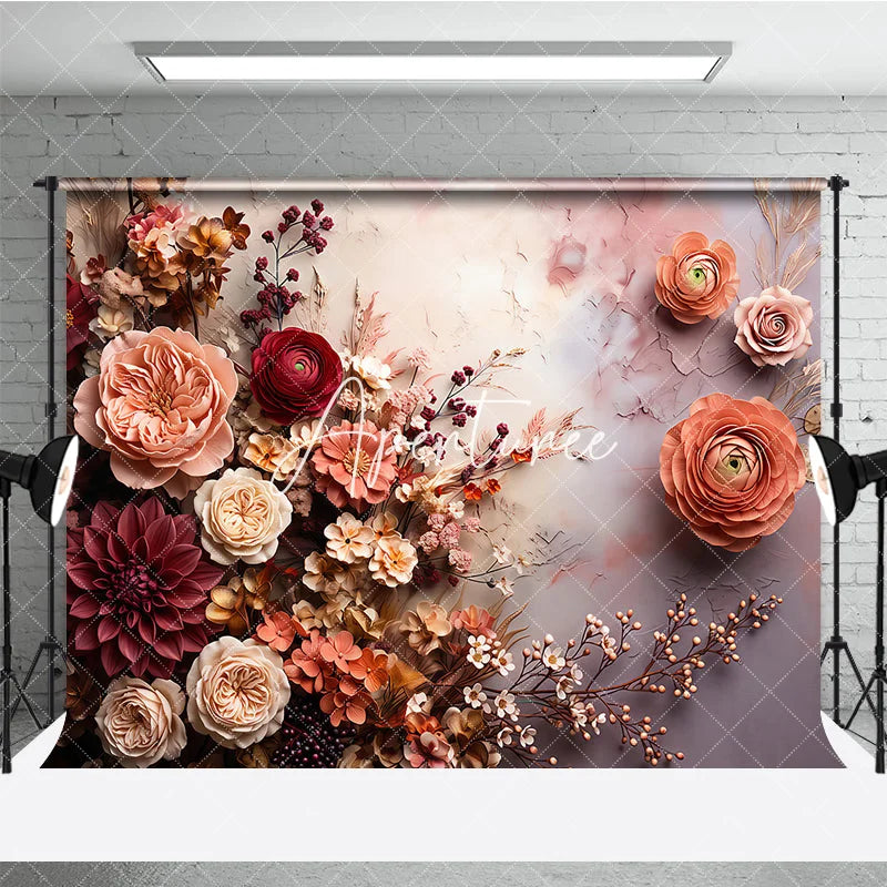 Aperturee - Aperturee Romantic Peach and Burgundy Floral Photography Backdrop Elegant Roses Dahlias Ranunculus Textured Art