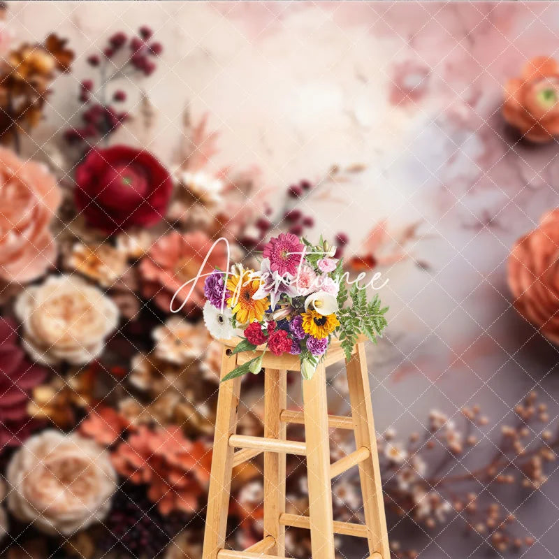 Aperturee - Aperturee Romantic Peach and Burgundy Floral Photography Backdrop Elegant Roses Dahlias Ranunculus Textured Art