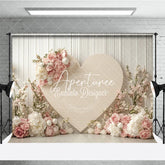 Aperturee - Aperturee Romantic Pink and White Floral Heart Photography Backdrop Elegant Wood Panel for Valentine’s Day Wedding