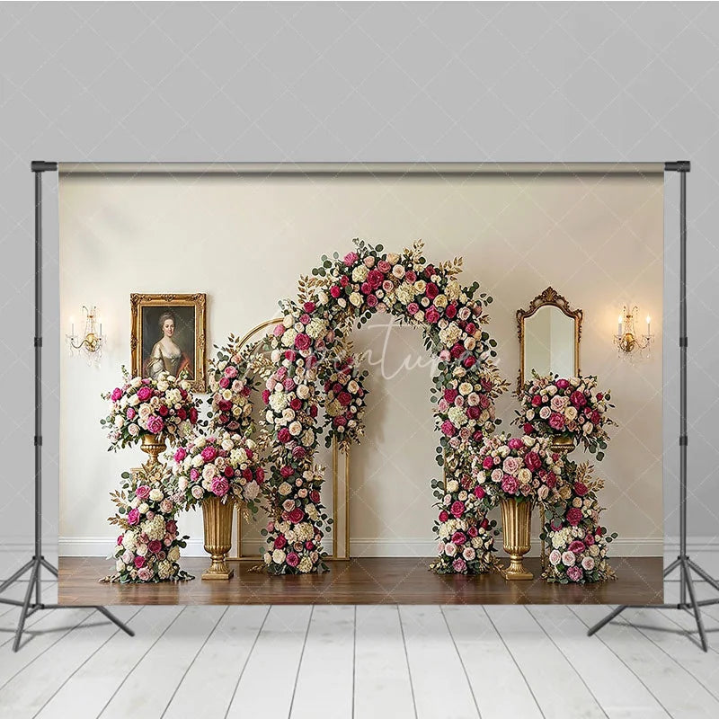 Aperturee - Aperturee Romantic Pink and White Roses Floral Arch Photography Backdrop Elegant Golden Leaves Wedding Party Decor