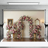 Aperturee - Aperturee Romantic Pink and White Roses Floral Arch Photography Backdrop Elegant Golden Leaves Wedding Party Decor