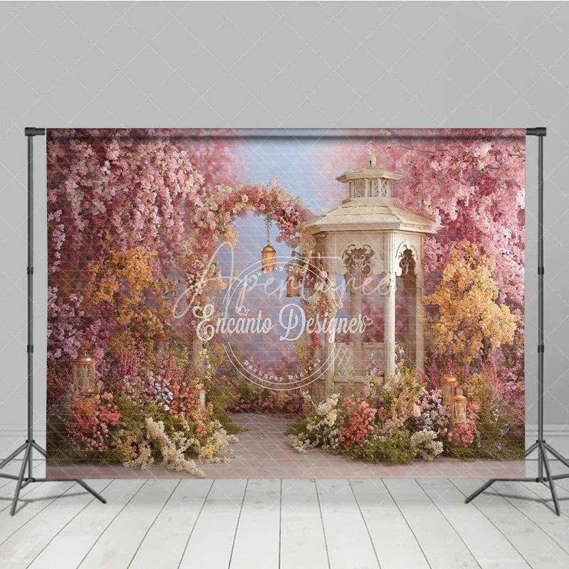 Aperturee - Aperturee Romantic Pink and Yellow Floral Arch Garden Photography Backdrop Spring Gazebo with Lanterns for Photoshoot