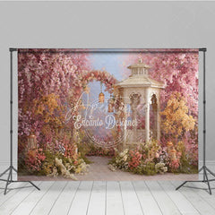 Aperturee - Aperturee Romantic Pink and Yellow Floral Arch Garden Photography Backdrop Spring Gazebo with Lanterns for Photoshoot