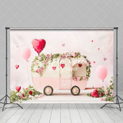 Aperturee - Aperturee Romantic Pink Balloons Bus Valentines Day Backdrop