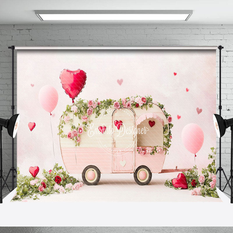 Aperturee - Aperturee Romantic Pink Balloons Bus Valentines Day Backdrop