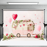 Aperturee - Aperturee Romantic Pink Balloons Bus Valentines Day Backdrop