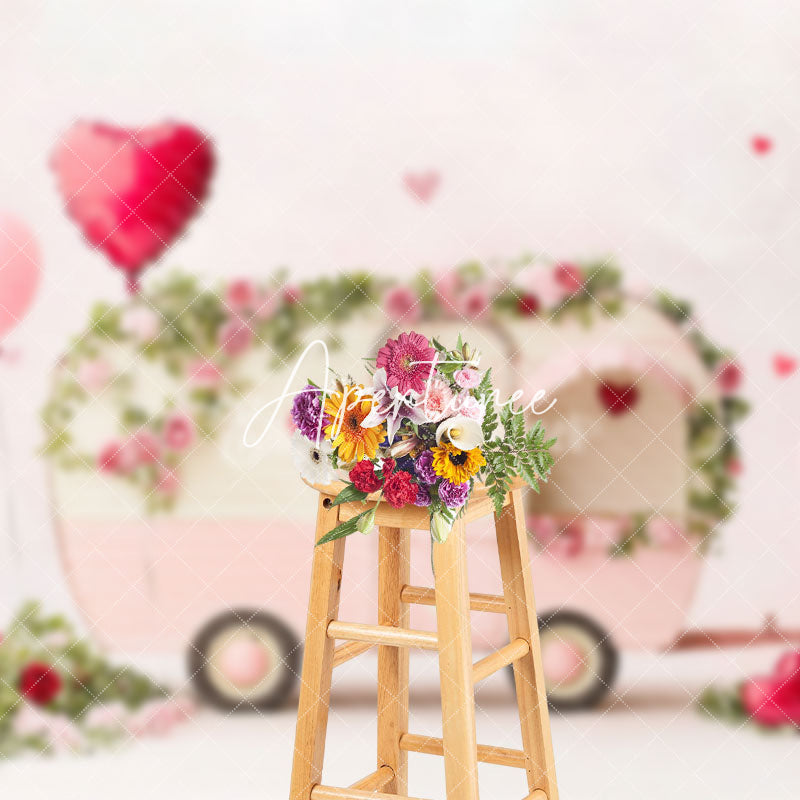 Aperturee - Aperturee Romantic Pink Balloons Bus Valentines Day Backdrop