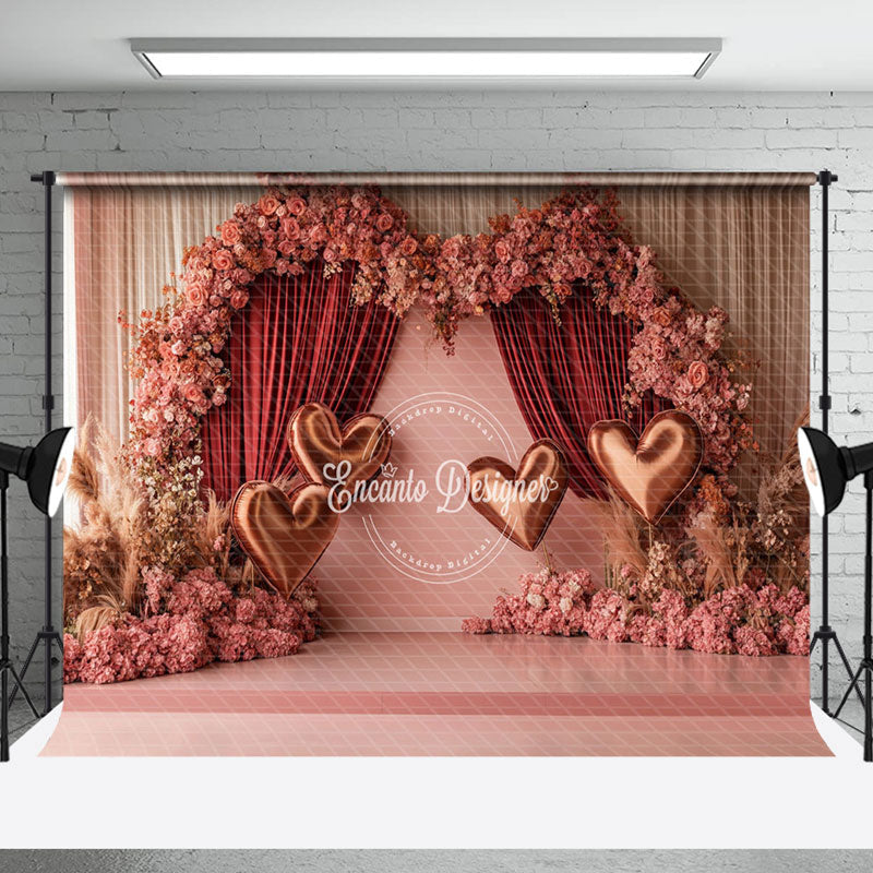 Aperturee - Aperturee Romantic Pink Curtain Floral Valentines Day Backdrop