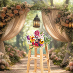 Aperturee - Aperturee Romantic Pink Floral Arch Curtain Wedding Backdrop