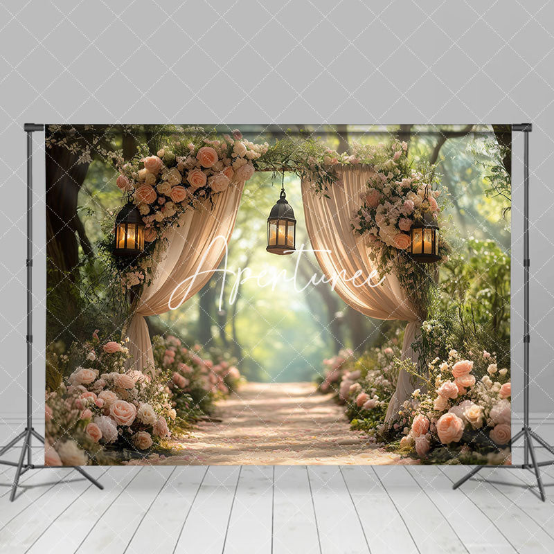 Aperturee - Aperturee Romantic Pink Floral Arch Curtain Wedding Backdrop