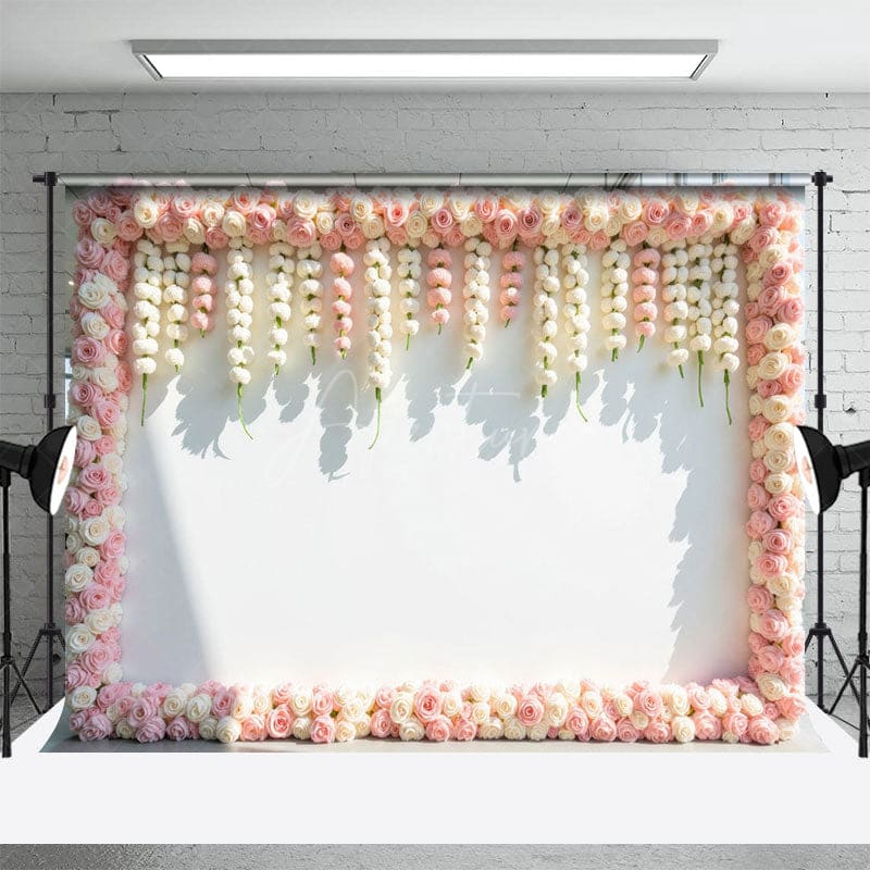 Aperturee - Aperturee Romantic Pink Floral Border Wedding Photo Backdrop