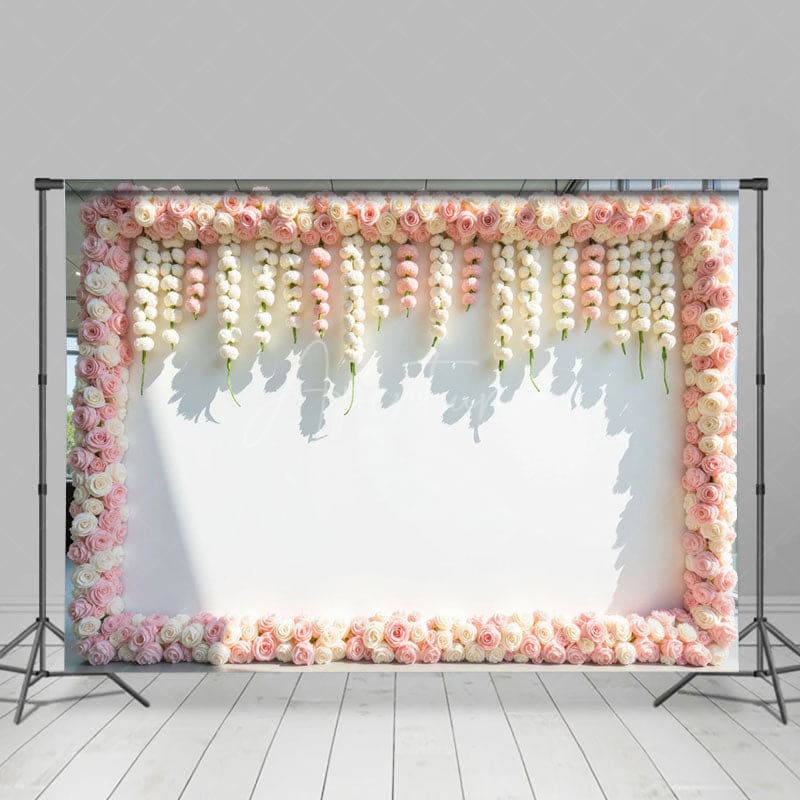 Aperturee - Aperturee Romantic Pink Floral Border Wedding Photo Backdrop