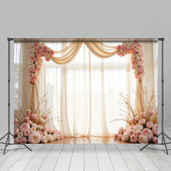 Aperturee - Aperturee Romantic Pink Floral Drapery Wedding Photo Backdrop