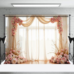 Aperturee - Aperturee Romantic Pink Floral Drapery Wedding Photo Backdrop