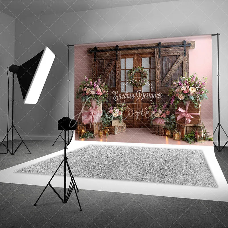 Aperturee - Aperturee Romantic Pink Floral Photography Backdrop with Rustic Barn Door and Wreath Elegant Wedding Decor