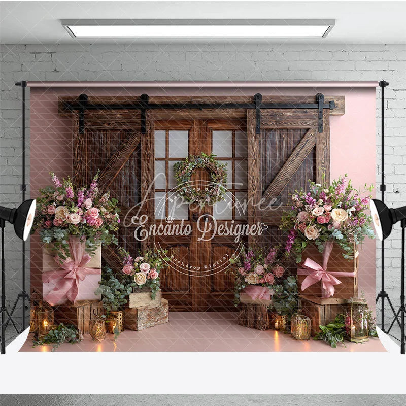 Aperturee - Aperturee Romantic Pink Floral Photography Backdrop with Rustic Barn Door and Wreath Elegant Wedding Decor