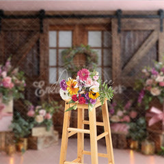 Aperturee - Aperturee Romantic Pink Floral Photography Backdrop with Rustic Barn Door and Wreath Elegant Wedding Decor