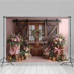 Aperturee - Aperturee Romantic Pink Floral Photography Backdrop with Rustic Barn Door and Wreath Elegant Wedding Decor