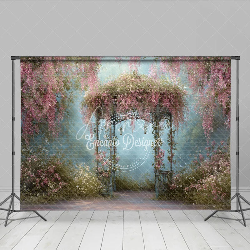 Aperturee - Aperturee Romantic Pink Floral Vines and Ornate Gazebo Photography Backdrop Enchanted Garden Dreamy Portrait Background