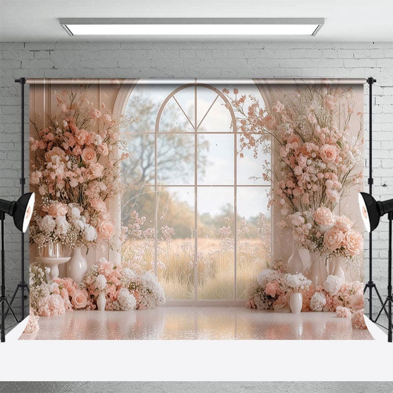 Aperturee - Aperturee Romantic Pink Floral Window Wedding Photo Backdrop
