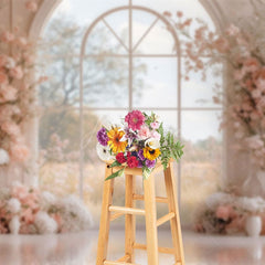 Aperturee - Aperturee Romantic Pink Floral Window Wedding Photo Backdrop