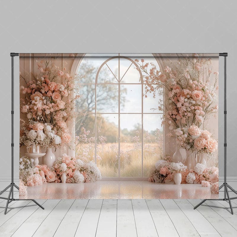 Aperturee - Aperturee Romantic Pink Floral Window Wedding Photo Backdrop