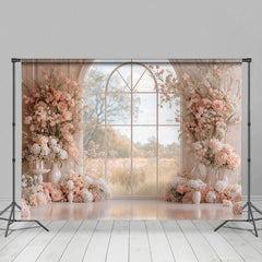Aperturee - Aperturee Romantic Pink Floral Window Wedding Photo Backdrop