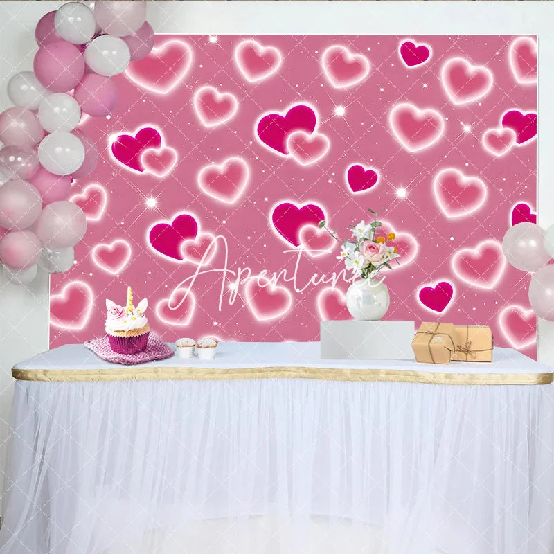 Aperturee - Aperturee Romantic Pink Glowing Hearts and Sparkles Y2K Birthday Backdrop Sweet Celebration Party Decoration.