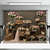 Aperturee - Aperturee Romantic Pink Peach Floral Photography Backdrop with Rustic Wooden Crates Candles for Wedding or Bridal Shower