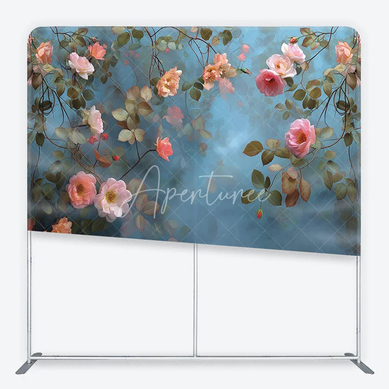 Aperturee - Aperturee Romantic Pink Peach Roses and Green Leaves Square Double-Sided Backdrop Elegant Floral Photography Background
