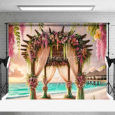 Aperturee - Aperturee Romantic Pink Purple Floral Wedding Arch Backdrop Tropical Beach Sunset Ocean Photography Background