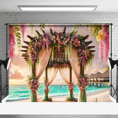 Aperturee - Aperturee Romantic Pink Purple Floral Wedding Arch Backdrop Tropical Beach Sunset Ocean Photography Background