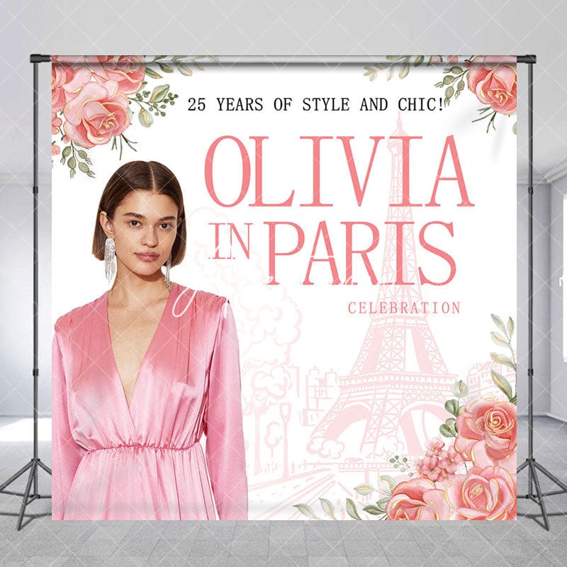 Aperturee - Aperturee Romantic Pink Rose Eiffel Tower Custom Photo Backdrop