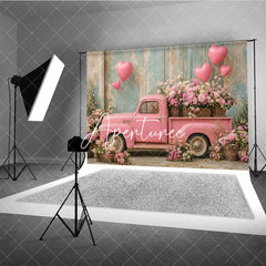Aperturee - Aperturee Romantic Pink Vintage Truck with Heart Balloons and Flowers Photography Backdrop Rustic Wall Valentine’s Day Theme
