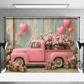 Aperturee - Aperturee Romantic Pink Vintage Truck with Heart Balloons and Flowers Photography Backdrop Rustic Wall Valentine’s Day Theme