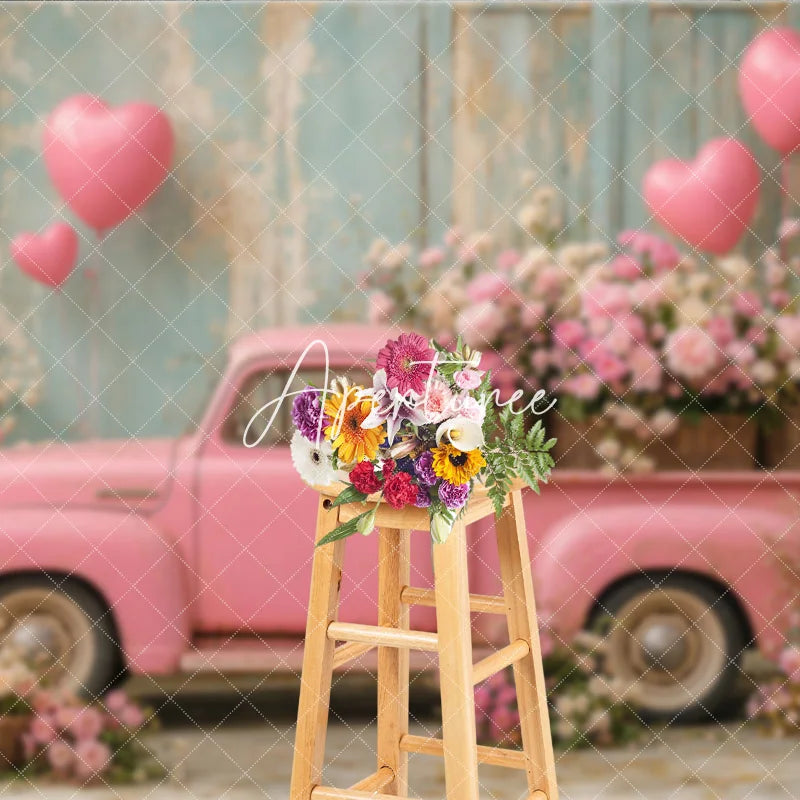 Aperturee - Aperturee Romantic Pink Vintage Truck with Heart Balloons and Flowers Photography Backdrop Rustic Wall Valentine’s Day Theme
