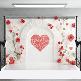 Aperturee - Aperturee Romantic Red Heart Arch Photography Backdrop White Brick Wall with Paper Flowers for Valentine’s Day